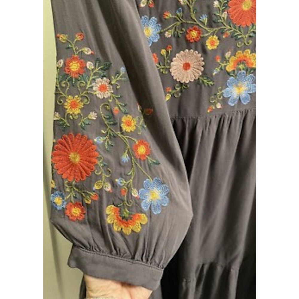 Savanna Jane Boho Embroidered Short Dress 3/4 Sleeves Smoke Gray Cottagecore M - Picture 4 of 8
